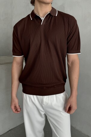 Erkek Oversize Selanik Polo Yaka Triko T-Shirt Kahverengi 