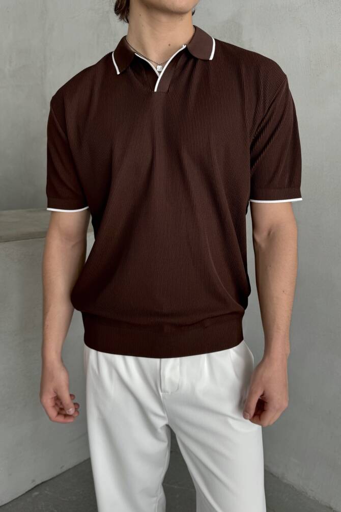 Erkek Oversize Selanik Polo Yaka Triko T-Shirt Kahverengi - 1