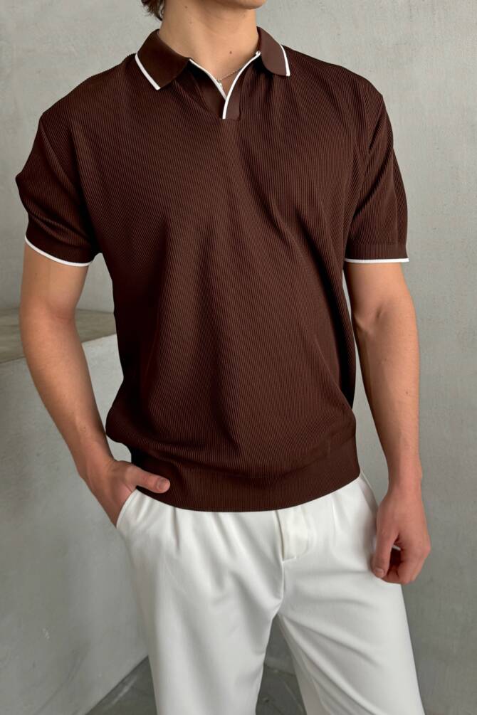 Erkek Oversize Selanik Polo Yaka Triko T-Shirt Kahverengi - 2