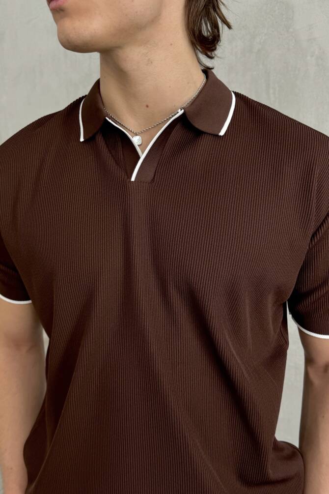 Erkek Oversize Selanik Polo Yaka Triko T-Shirt Kahverengi - 3