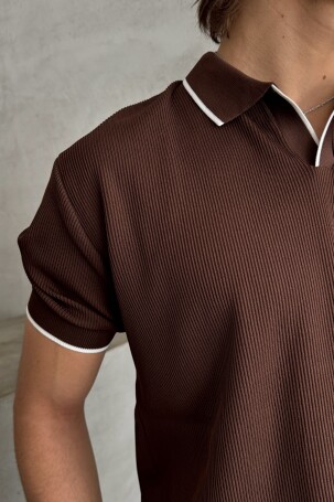 Erkek Oversize Selanik Polo Yaka Triko T-Shirt Kahverengi - 4
