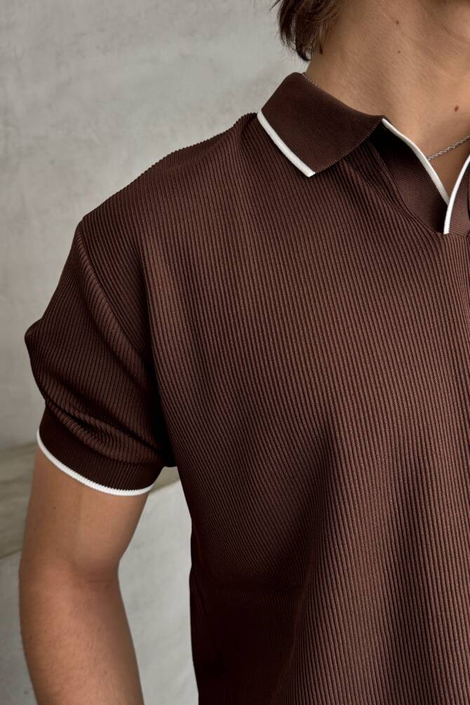 Erkek Oversize Selanik Polo Yaka Triko T-Shirt Kahverengi - 4