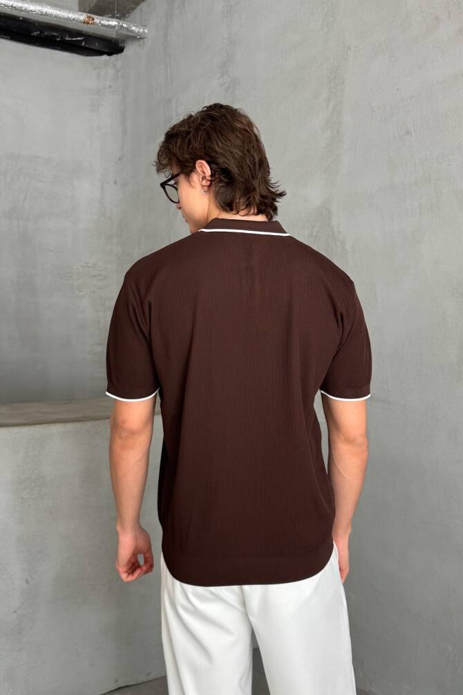 Erkek Oversize Selanik Polo Yaka Triko T-Shirt Kahverengi - 5