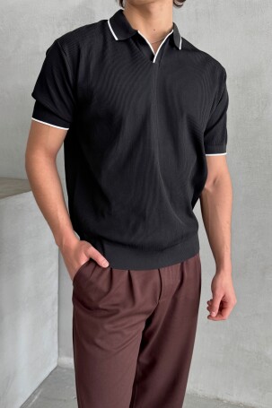 Erkek Oversize Selanik Polo Yaka Triko T-Shirt Siyah 