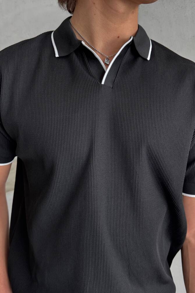 Erkek Oversize Selanik Polo Yaka Triko T-Shirt Siyah - 2