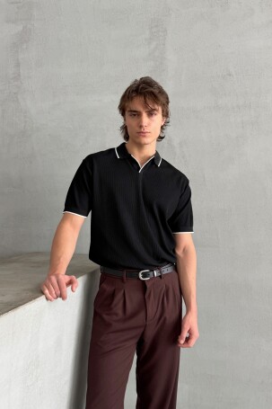 Erkek Oversize Selanik Polo Yaka Triko T-Shirt Siyah - 3