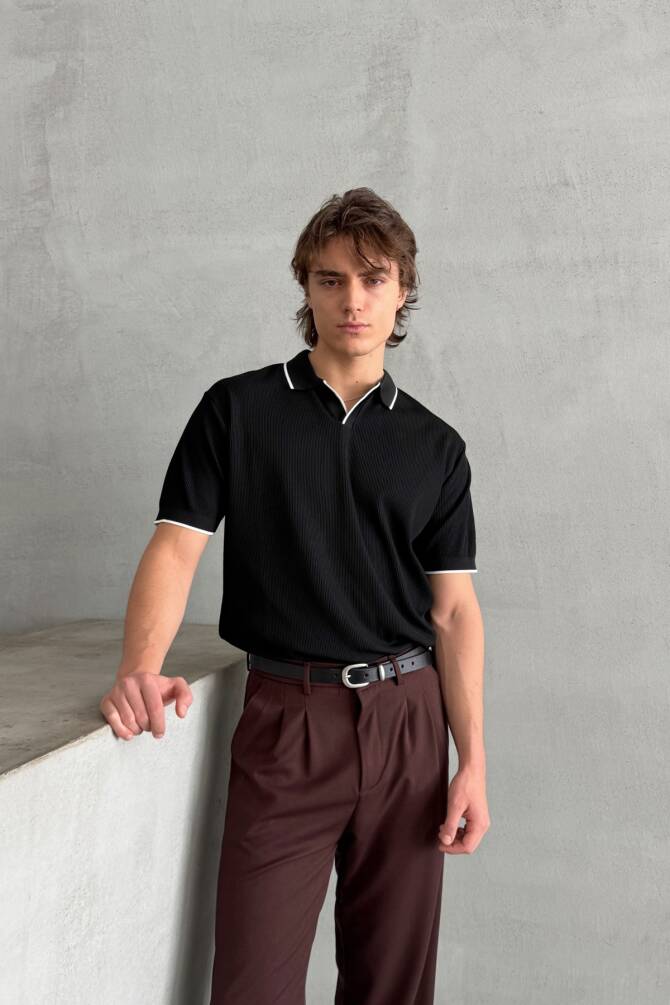 Erkek Oversize Selanik Polo Yaka Triko T-Shirt Siyah - 3
