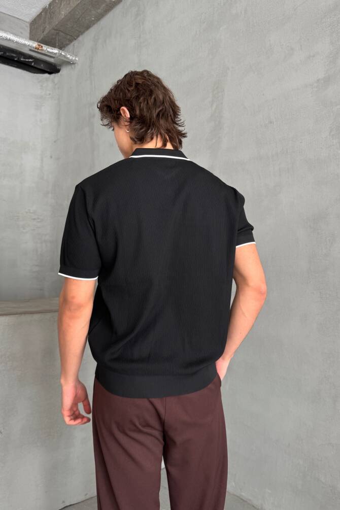 Erkek Oversize Selanik Polo Yaka Triko T-Shirt Siyah - 4