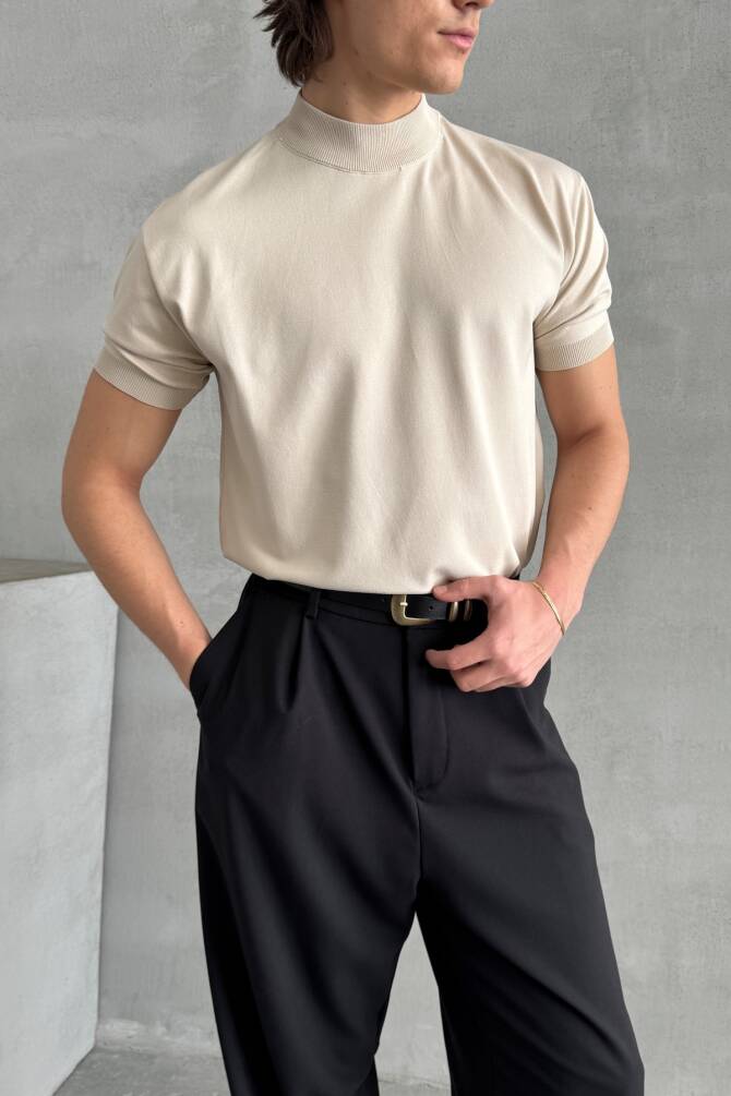 Erkek Oversize Yarım Balıkçı Triko T-shirt Bej - 1
