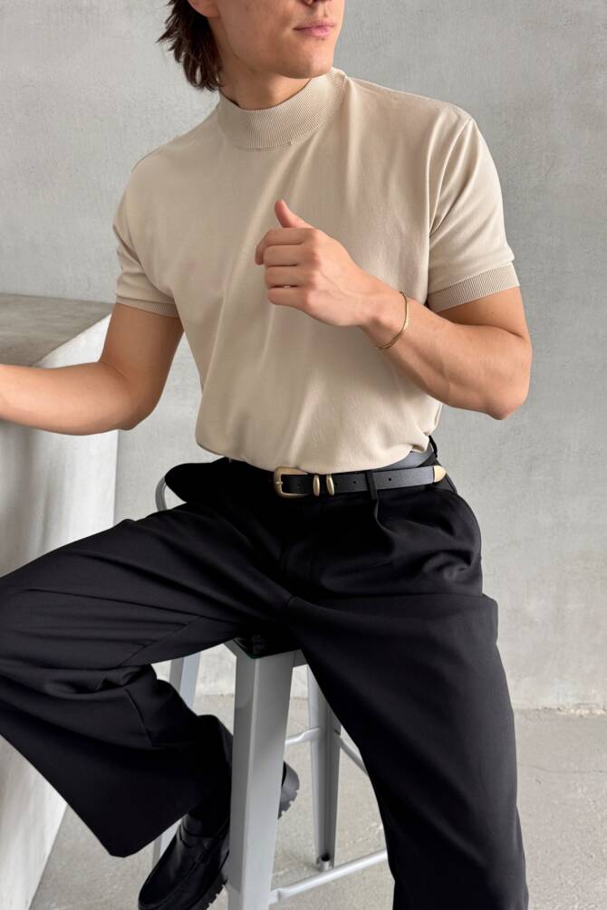 Erkek Oversize Yarım Balıkçı Triko T-shirt Bej - 2