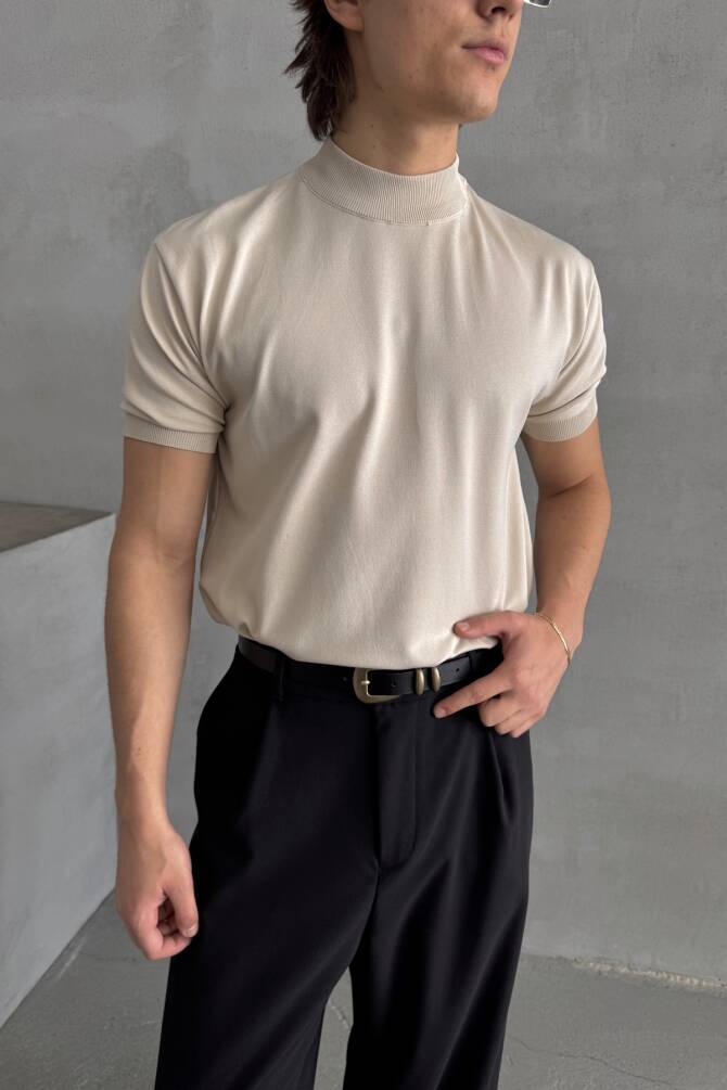 Erkek Oversize Yarım Balıkçı Triko T-shirt Bej - 3