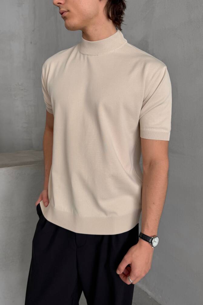 Erkek Oversize Yarım Balıkçı Triko T-shirt Bej - 4