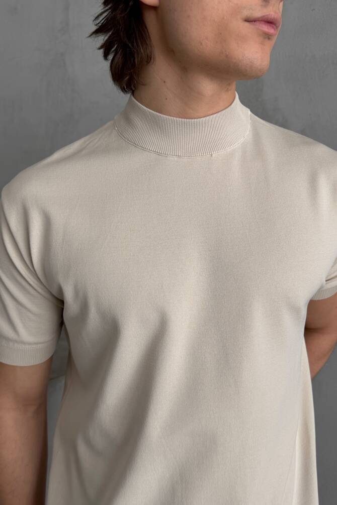 Erkek Oversize Yarım Balıkçı Triko T-shirt Bej - 5