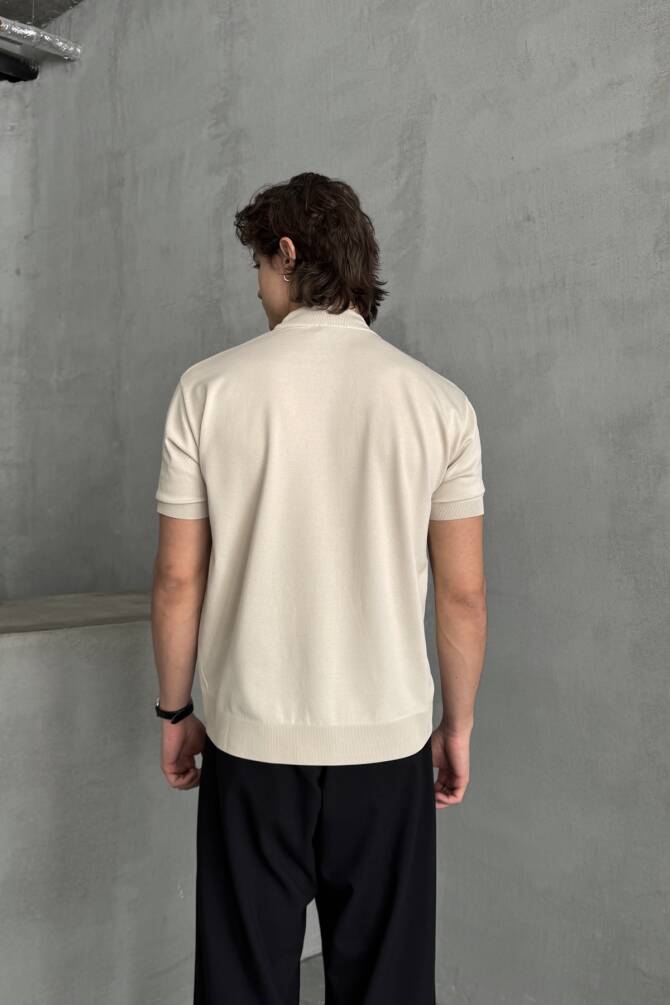 Erkek Oversize Yarım Balıkçı Triko T-shirt Bej - 6