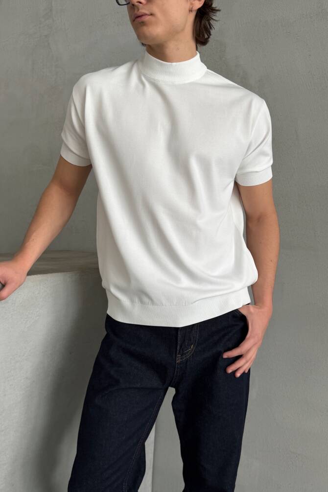 Erkek Oversize Yarım Balıkçı Triko T-shirt Beyaz - 2