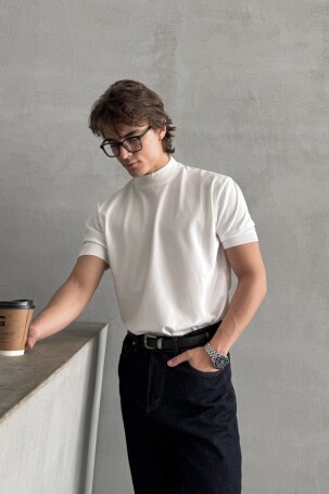 Erkek Oversize Yarım Balıkçı Triko T-shirt Beyaz - 3