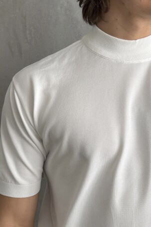 Erkek Oversize Yarım Balıkçı Triko T-shirt Beyaz - 4