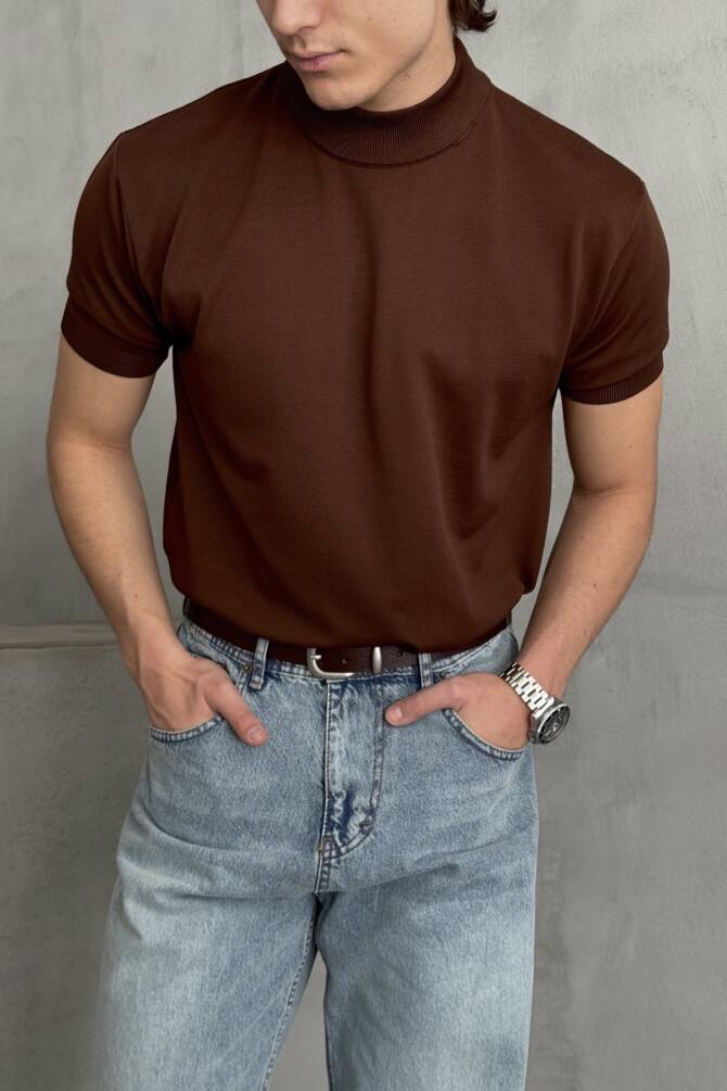 Erkek Oversize Yarım Balıkçı Triko T-shirt Kahverengi - 1