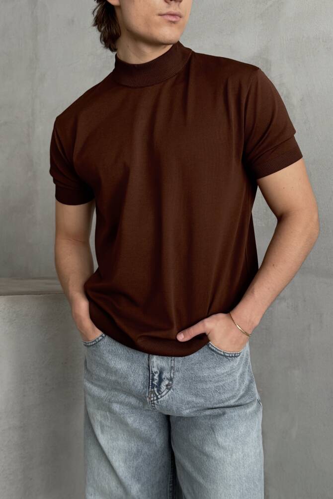 Erkek Oversize Yarım Balıkçı Triko T-shirt Kahverengi - 2