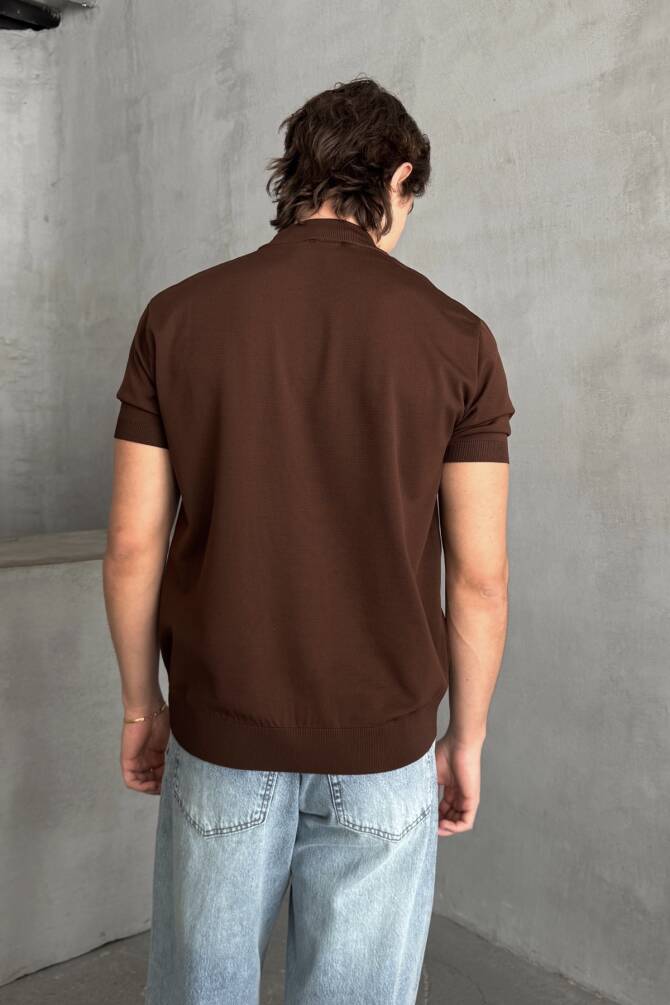 Erkek Oversize Yarım Balıkçı Triko T-shirt Kahverengi - 4