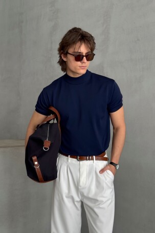 Erkek Oversize Yarım Balıkçı Triko T-shirt Lacivert 