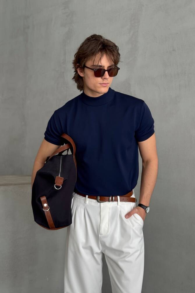 Erkek Oversize Yarım Balıkçı Triko T-shirt Lacivert - 1