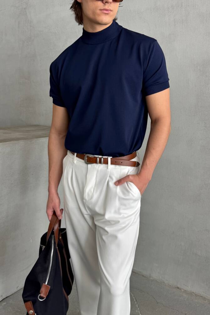 Erkek Oversize Yarım Balıkçı Triko T-shirt Lacivert - 2