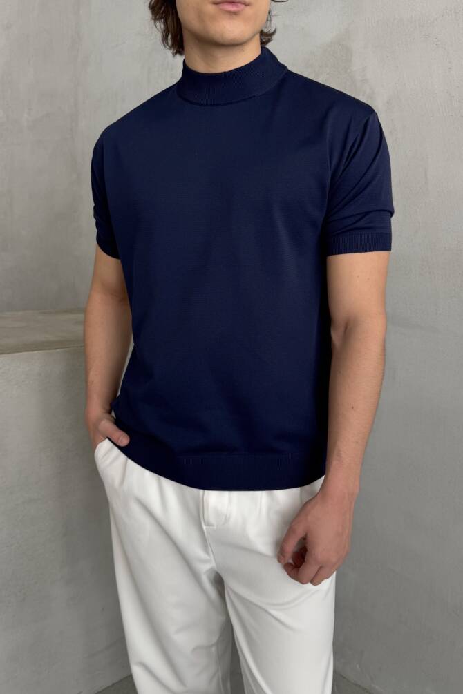 Erkek Oversize Yarım Balıkçı Triko T-shirt Lacivert - 4
