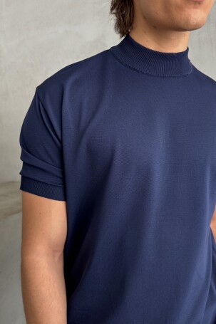 Erkek Oversize Yarım Balıkçı Triko T-shirt Lacivert - 5