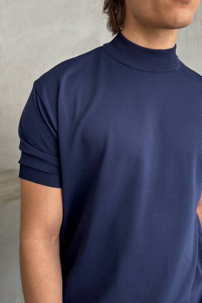 Erkek Oversize Yarım Balıkçı Triko T-shirt Lacivert - 5