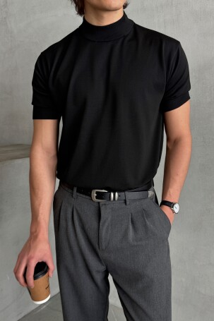 Erkek Oversize Yarım Balıkçı Triko T-shirt Siyah 