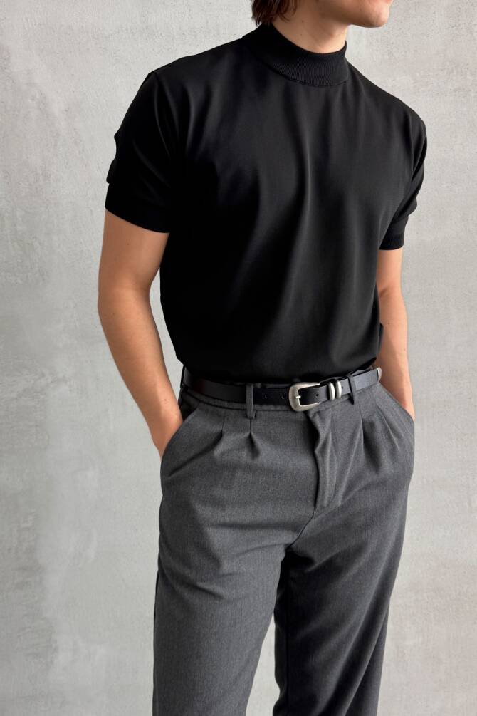 Erkek Oversize Yarım Balıkçı Triko T-shirt Siyah - 2