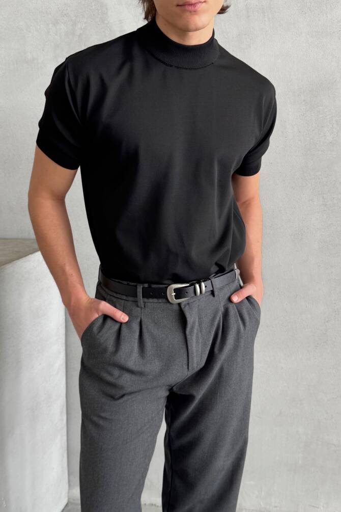 Erkek Oversize Yarım Balıkçı Triko T-shirt Siyah - 3