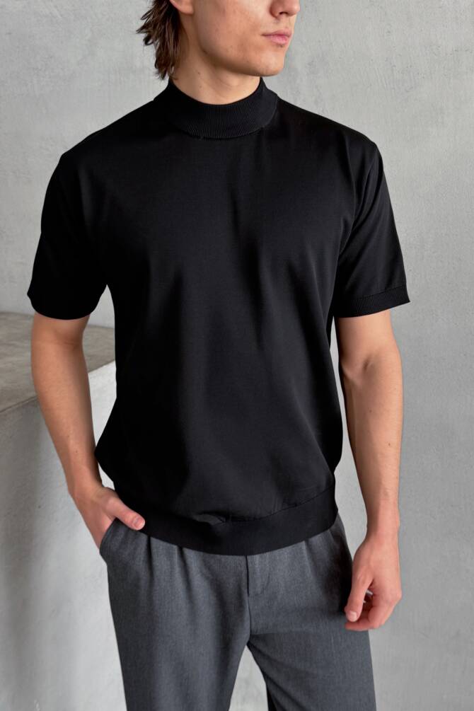 Erkek Oversize Yarım Balıkçı Triko T-shirt Siyah - 4