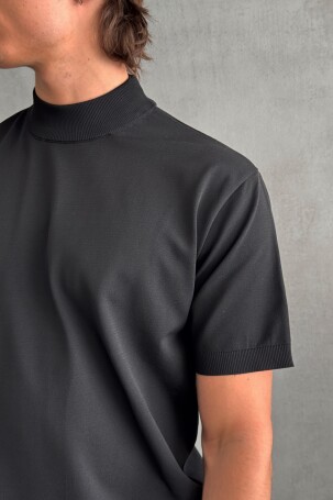 Erkek Oversize Yarım Balıkçı Triko T-shirt Siyah - 5