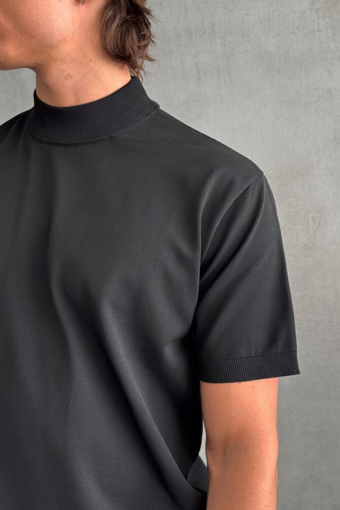 Erkek Oversize Yarım Balıkçı Triko T-shirt Siyah - 5
