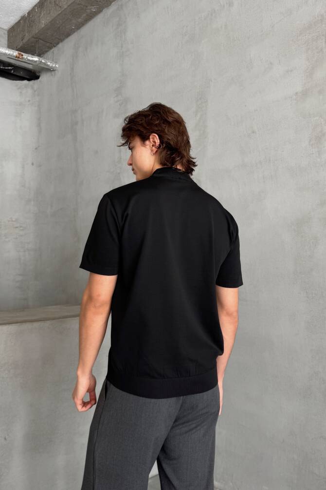 Erkek Oversize Yarım Balıkçı Triko T-shirt Siyah - 6