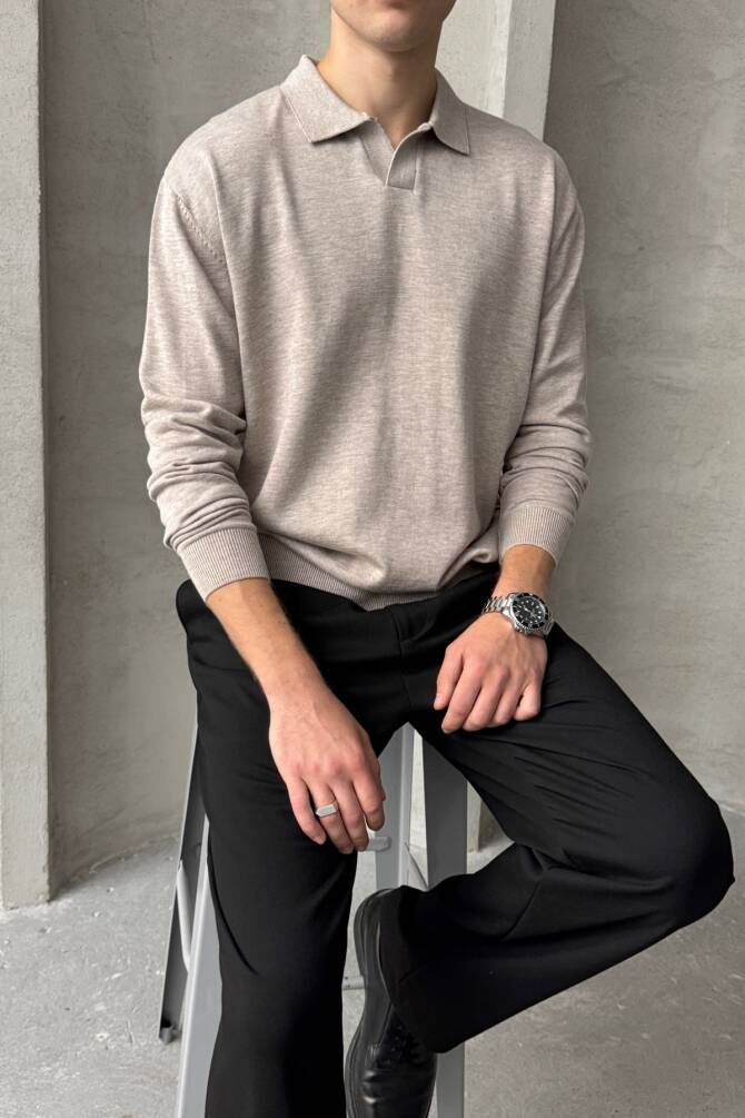 Erkek Pamuklu Polo Yaka Oversize Triko Kazak Bej - 1