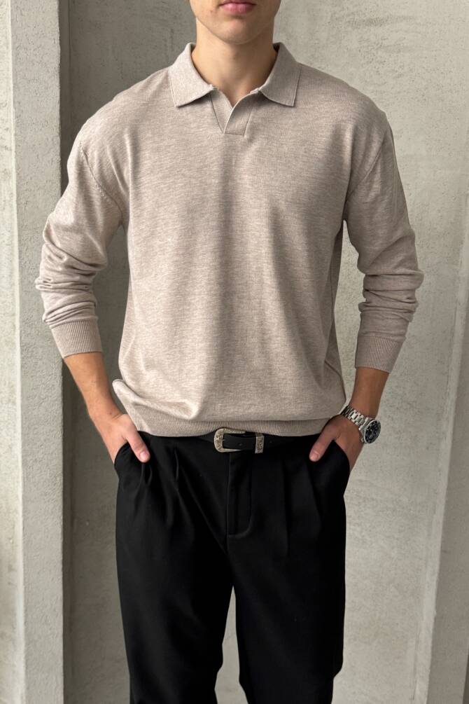 Erkek Pamuklu Polo Yaka Oversize Triko Kazak Bej - 2