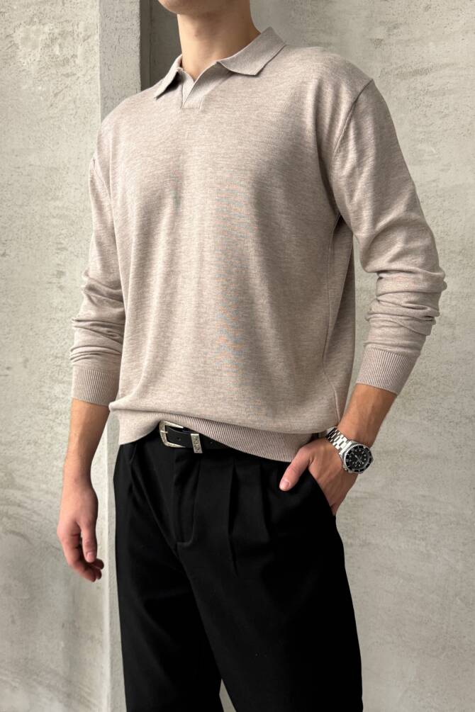Erkek Pamuklu Polo Yaka Oversize Triko Kazak Bej - 3
