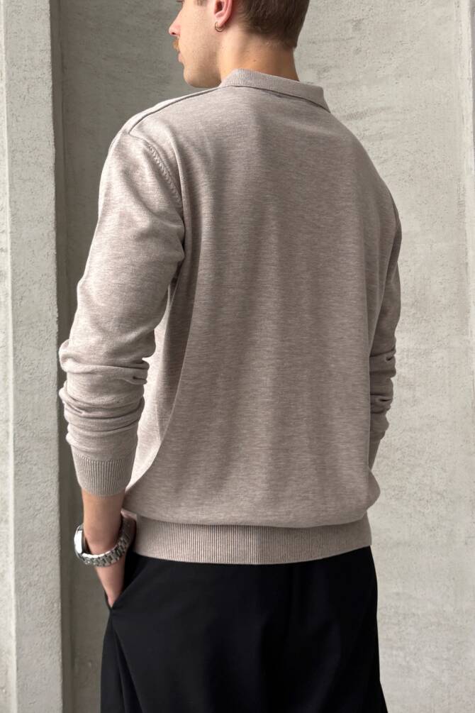 Erkek Pamuklu Polo Yaka Oversize Triko Kazak Bej - 4