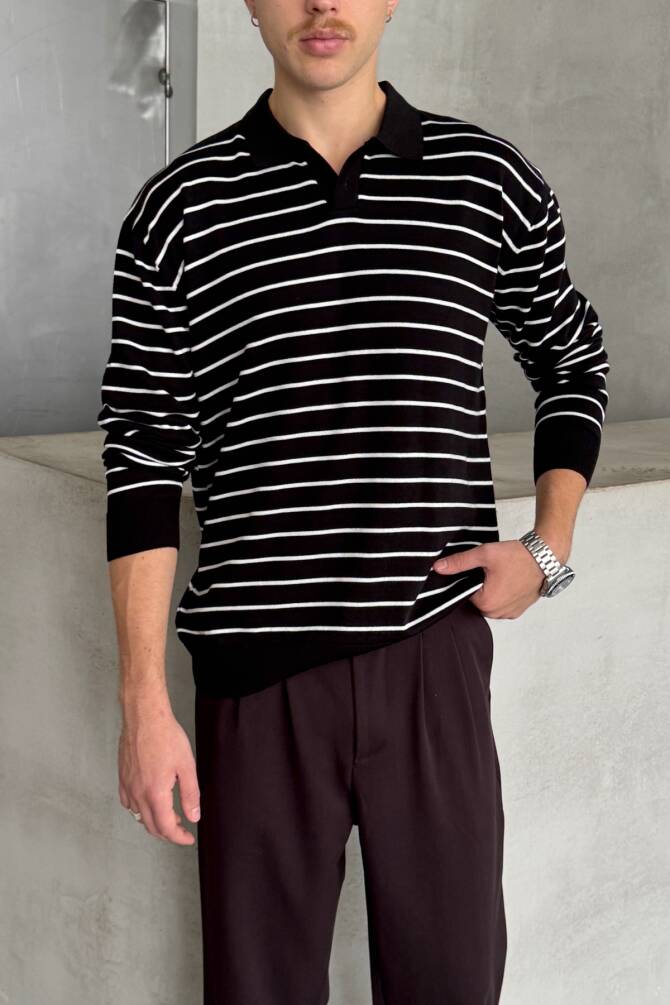 Erkek Pamuklu Polo Yaka Oversize Triko Kazak Beyaz - 1