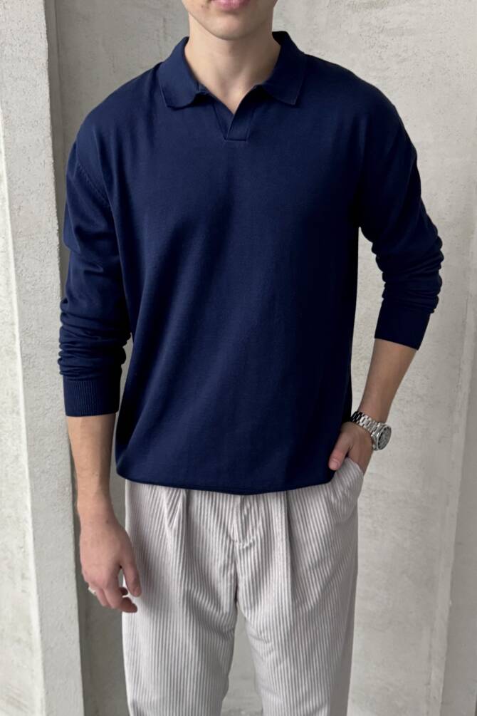 Erkek Pamuklu Polo Yaka Oversize Triko Kazak Lacivert - 1
