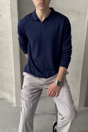 Erkek Pamuklu Polo Yaka Oversize Triko Kazak Lacivert - 2
