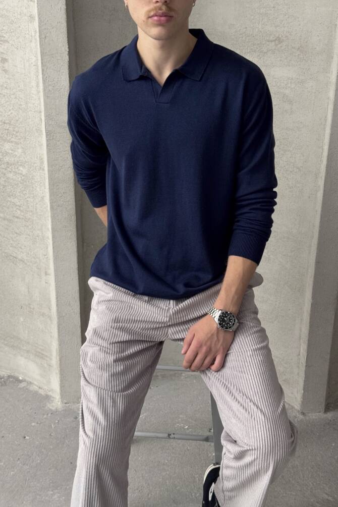 Erkek Pamuklu Polo Yaka Oversize Triko Kazak Lacivert - 2