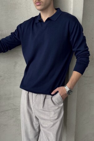 Erkek Pamuklu Polo Yaka Oversize Triko Kazak Lacivert - 3
