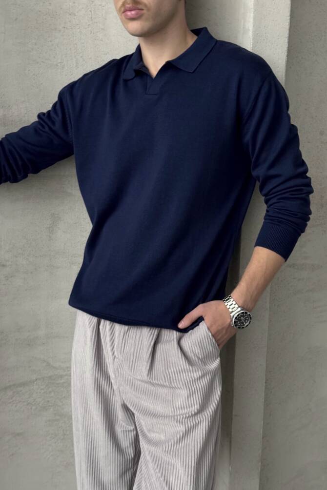 Erkek Pamuklu Polo Yaka Oversize Triko Kazak Lacivert - 3