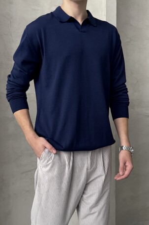 Erkek Pamuklu Polo Yaka Oversize Triko Kazak Lacivert - 4