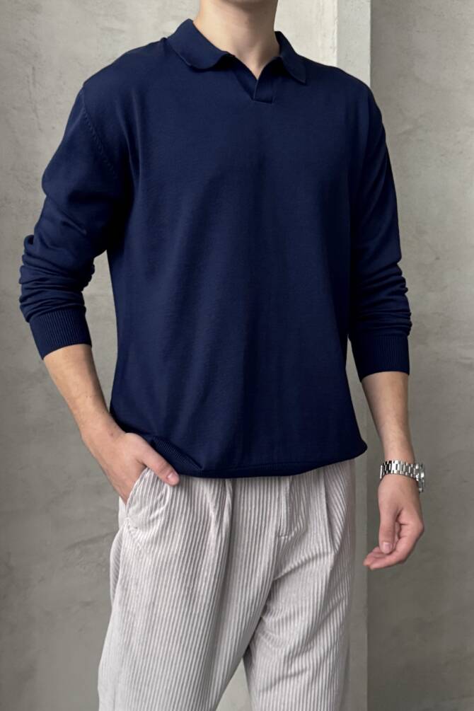 Erkek Pamuklu Polo Yaka Oversize Triko Kazak Lacivert - 4