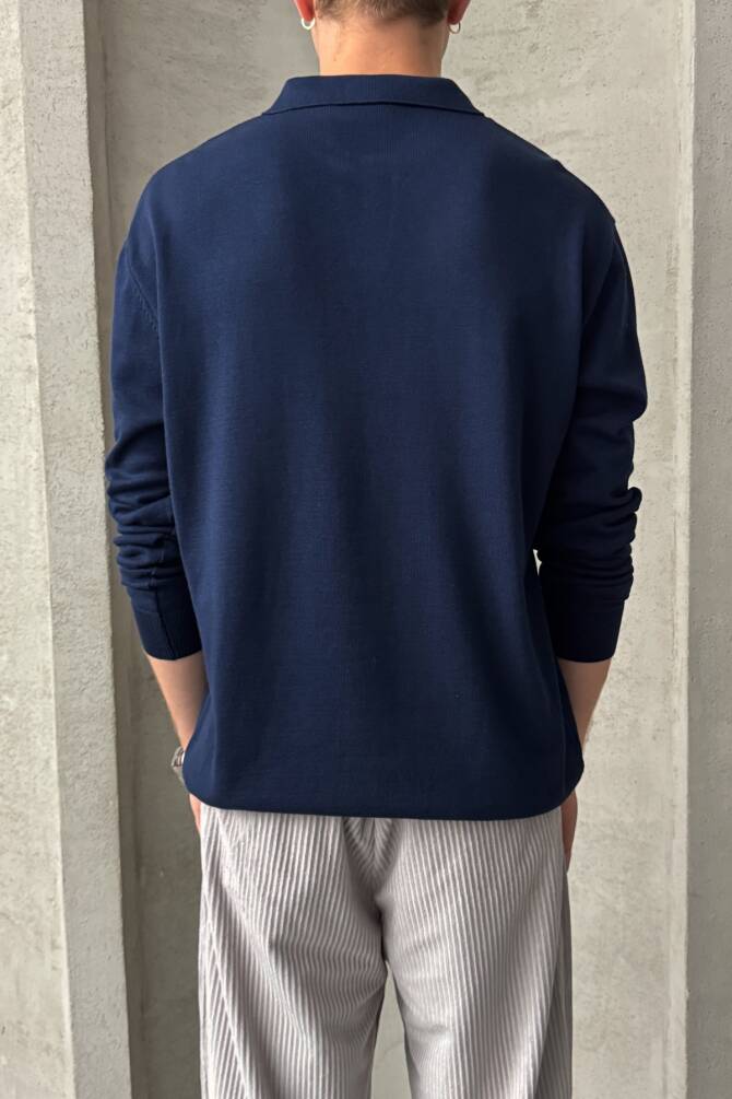 Erkek Pamuklu Polo Yaka Oversize Triko Kazak Lacivert - 5